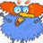 Pixelated cartoon character with orange ears, blue body, and yellow beak on white background, next to blue with red text