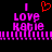 Pixelated text and symbols on black background: two 'I LOVE Katrie' phrases with red heart above left phrase, purple vertical bars at top corners, horizontal purple lines below.