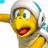 Pixelated yellow cartoon character with wide eyes, open mouth showing red tongue, wearing white helmet with blue stripe and gray suit.