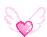 Pixelated icon with pink heart and white wings on gray background, two variations showing wing position differences.