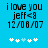Blue background with black pixelated text reading "i love you jeff<8 12/08/07" and five white plus signs below, where the third sign changes from light blue to white between frames.