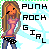 Pixel art icon of a cartoon girl with long brown hair wearing a pink top and gray jacket, standing next to bold black text reading "PUNK ROCK GIRL" on a light blue background with green border.