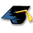 Pixelated static image of a graduation cap with blue and yellow elements on a white background.