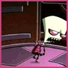 Animated sequence of a pale green-skinned cartoon character with pink eyes walking across a purple platform in a dark room.