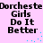 Pixelated text "Dorchester Girls Do It Better" repeated twice on a light purple background with scattered cyan dots.