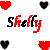 Pixelated red and black heart shapes surround the name 'Shelly' in alternating color schemes on a white background.