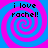 Four identical spiral patterns in blue and pink with text 'i love rachel!' overlaid on each, arranged in a
