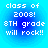 Four identical pixelated blue circular icons display white text reading 'class of 2003! 8TH grade will rock!!' with no visible animation changes.