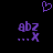 Purple pixelated heart symbol above two identical purple text blocks reading 'abz' with ellipses and an X below, on black background.