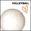 A static icon featuring a white volleyball with visible seams, the word "VOLLEYBALL" in bold black text above it, and an orange heart outline to the right of the ball.