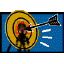 Animated sequence showing a target with concentric yellow rings and red center, an arrow hitting the bullseye, then flying away while white motion lines appear.
