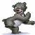 Pixelated cartoon bear dancing with text on gray and white backgrounds.