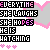 Pixelated text-based icon with repeated phrases and heart symbols in pink, black, white, and gray colors.