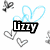 six identical static images showing a black text label "Lizzy" over light blue heart outlines and gray heart outlines on a white background