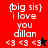 Red and black pixelated text-based icon with 'i love you dillan' and heart symbols, featuring a black star in red section and red star in black section.