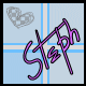 Light blue background with vertical and horizontal stripes, a gray checkered heart in the top left corner, and purple stylized text 'Step' in the center.