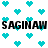 Pixelated cyan hearts fill a white background with repeated black text 'SAGINAW' in two horizontal