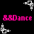 Pixelated pink text "&8Dance" appears in two on a black background, surrounded by white square-based motion icons