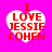 Four identical heart-shaped icons with red text "I LOVE JESSIE COHEN" on a bright pink background, arranged in a