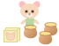 Pixelated cartoon bear with pink ears and green shirt holding a brown pot, surrounded by additional pots and yellow boxes on gray background.