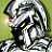 Pixelated knight in silver armor with yellow eyes on left, green background text 'OriginalIcons.com' on right.