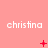 A static image with a pink background displaying the name 'christina' repeated three times in white pixelated text across each , accompanied by red plus signs and star-like symbols