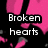 A split heart icon with text elements; left side shows pink broken heart fragments and 'Broken hearts' text, right side displays a black broken heart with 'Dont' text.
