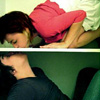 A split-screen image shows two people in close physical proximity, one in a red top leaning over another in a dark top against a green background.
