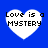 Four white heart-shaped icons with black text "Love is a MYSTERY" on solid blue background, each displaying distinct pixelation patterns.