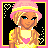 Pixel art of a character with blonde hair and pink hat, showing full body, partial views, and text elements like 'Baby' and 'Cakes' on black backgrounds with pink borders