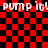 Red and black checkered background with repeated white text "pump it! pump it!" in pixelated font, two -like shapes appear sequentially