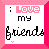 A 3x3 contact sheet of nine identical animated frames showing a pink-bordered square icon with pixelated text "Love my friends" and small heart symbols.