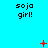 Pixelated text 'soja girl!' repeated across a cyan background with red plus and X symbols appearing in different positions.