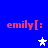 Blue background with red 'emily[: ' text and white/purple star icons in a pattern