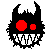 Pixelated black creature with horns, red eyes or rectangles, and white teeth on gray background.