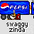 Pixelated blue truck with red and white Pepsi logo, brown guitar player figure, black wheels, gray background text "swaggy zinda" below.