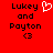 Red background displays black text "Lukey and Payton" with a heart symbol above the 'y' in Lukey on left, and identical text without the heart on right.