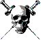 Pixelated skull with crossed swords, black and gray tones with teal accents on white background.
