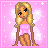 Pixel art of a blonde woman in pink top and brown pants, kneeling on pink background with white stars and hearts.