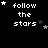 Pixel art animation of 'follow the stars' text with white stars moving across a black background, stars shift position in each frame.