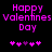 Pixelated pink text reads 'Happy Valentines Day' above five heart symbols on a black background, with one heart changing color between frames.