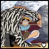 A pixelated character with striped hair, blue mask, and maroon outfit holds a white and blue object against a mountainous backdrop with a heart icon.