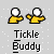 Animated pixel art of two yellow figures with white heads, one tickling the other while text changes from 'Tickle Buddy' to 'and get shot' across frames.