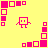 Yellow background with pink square-based pixel art figures and nested squares in corners.