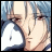 Pixelated anime-style character with light blue hair and red eyes, holding a white object against a black background with text.