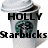 Pixelated image of a white disposable coffee cup with a green circular logo, overlaid with bold black text reading "HOLLY" above and "Starbucks" below.