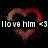 Pixelated icon with red heart outline, white text 'I love him <3', and scattered dark pixels on black background.