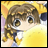 A pixelated anime-style character with brown hair and large eyes in a yellow outfit, next to stylized text on a black background.