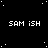 Black background with white pixelated text 'SAM ISH' repeated in , scattered white dots resembling stars, and a solid gray rectangle on the right edge