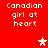 Red background with white pixelated text "Canadian girl at heart" repeated four times and two star icons, one white and one pink.